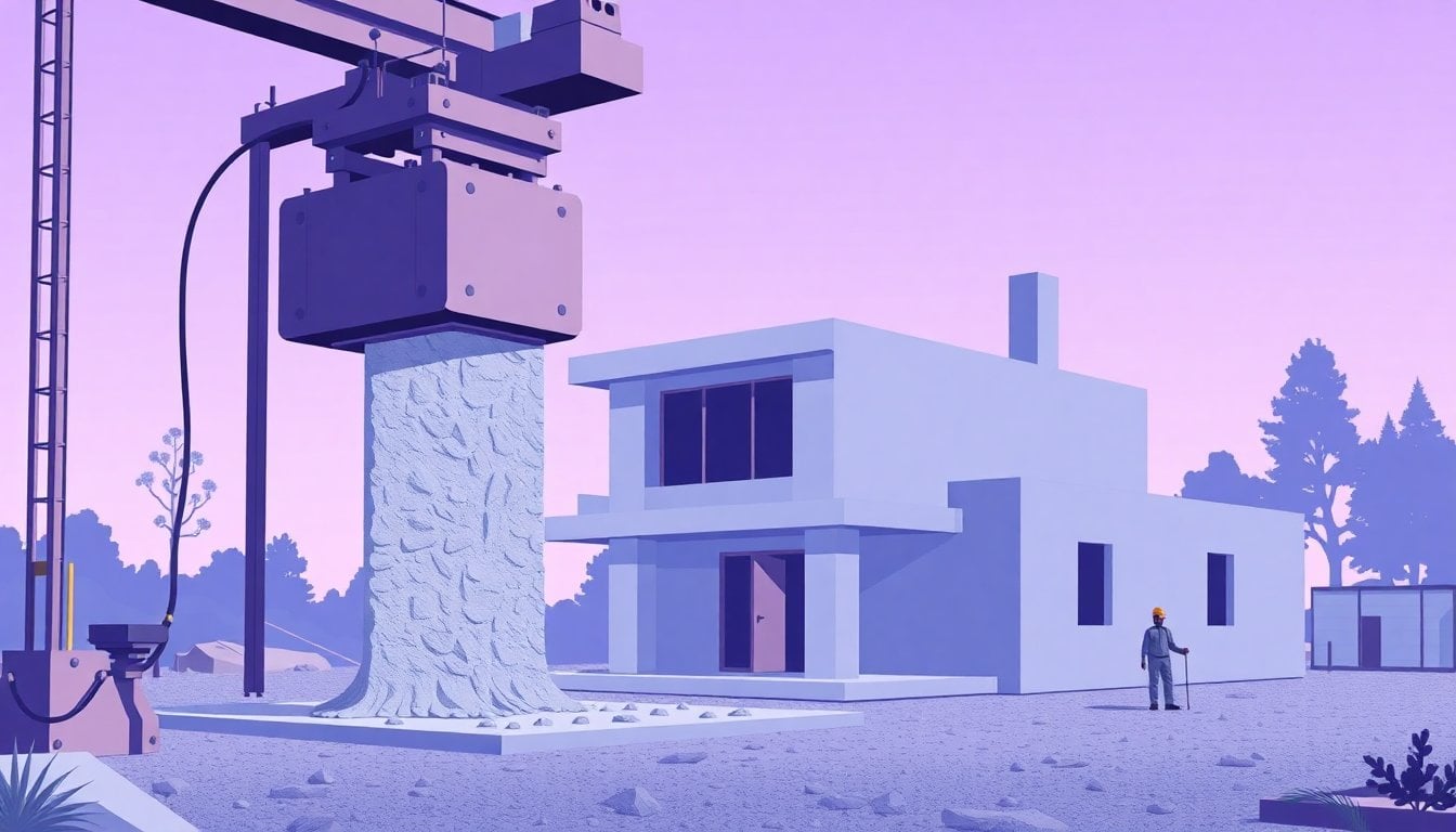 large 3D concrete printer arm extruding grey material layer by layer to form residential house walls, construction site outdoors, no workers visible