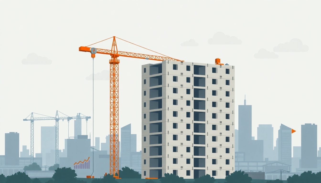 construction crane and half-built concrete building in Buenos Aires skyline, industrial zone background, overcast sky