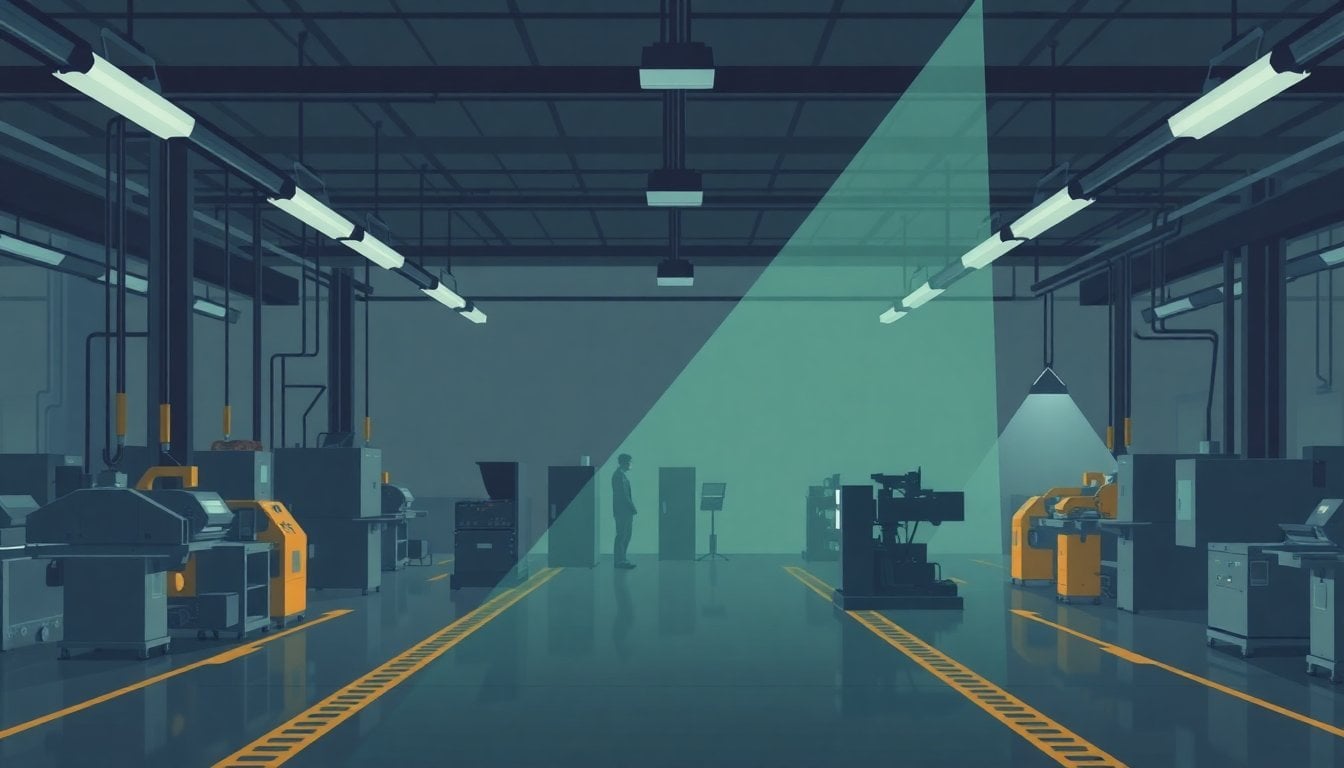 empty Argentine factory floor with idle machinery, dim lighting, industrial equipment, no workers visible