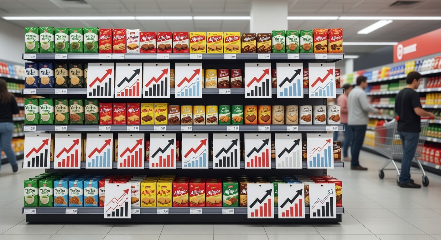 Argentine supermarket aisle with food price tags on shelves, soft overhead lighting, blurred shoppers in background