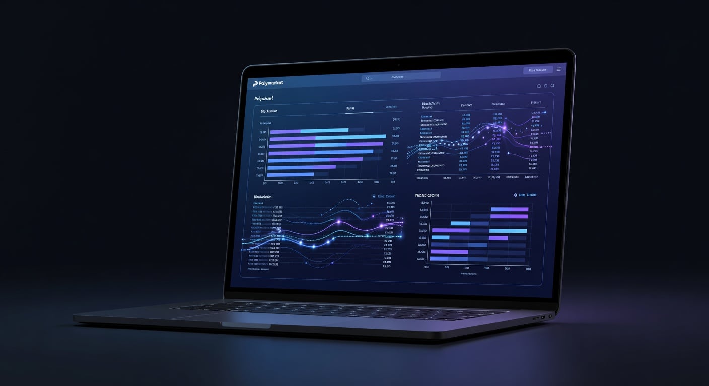 Polymarket prediction market website on a laptop screen showing betting odds, close-up of screen with blockchain data interface, dark background