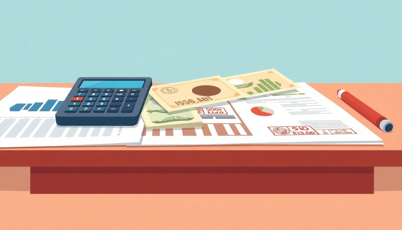 Argentine tax office paperwork on a desk with calculator, stamped forms, banknotes partly hidden under documents, close-up, no people visible