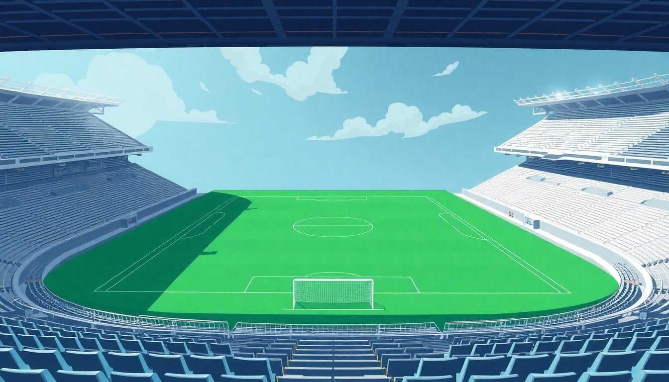 Estadio Monumental José Fierro in Tucumán Argentina, green pitch, empty stands viewed from the tribune side