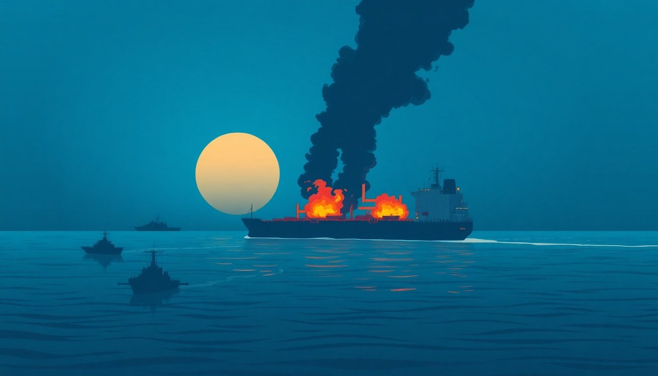Oil tanker burning at sea in the Strait of Hormuz at dusk, thick smoke rising, distant naval vessel silhouettes, dark water, dramatic maritime scene
