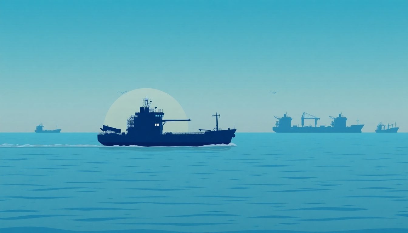 cargo ship silhouette passing through Strait of Hormuz at dusk, oil tankers in background, sea of Oman narrow waterway