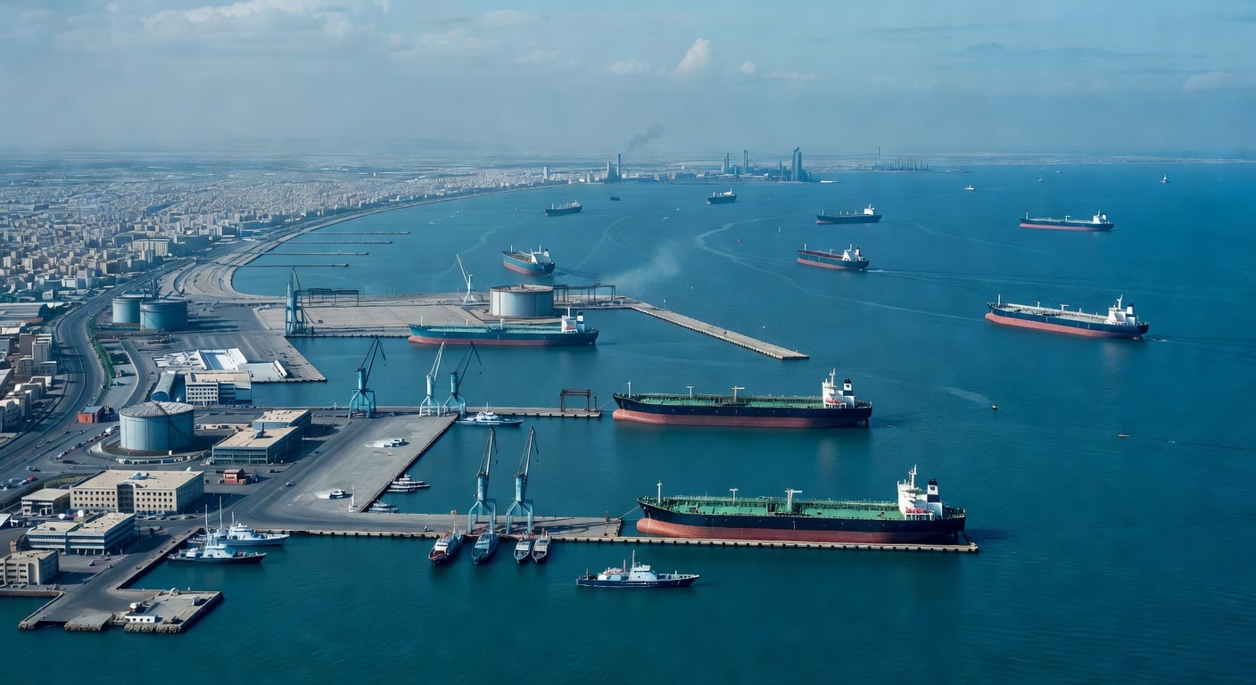 Bandar Abbas port city aerial view, strait of Hormuz, industrial waterfront, oil tankers, Persian Gulf coastline