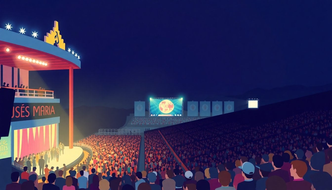nighttime crowd and illuminated grandstands at Jesús María festival arena in Córdoba, stage lights visible, festive atmosphere, no close-up faces