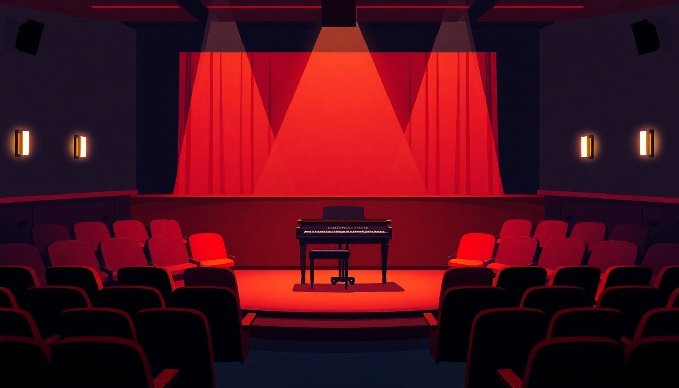acoustic piano on stage in small intimate theater, single spotlight, empty seats with warm lighting, no people