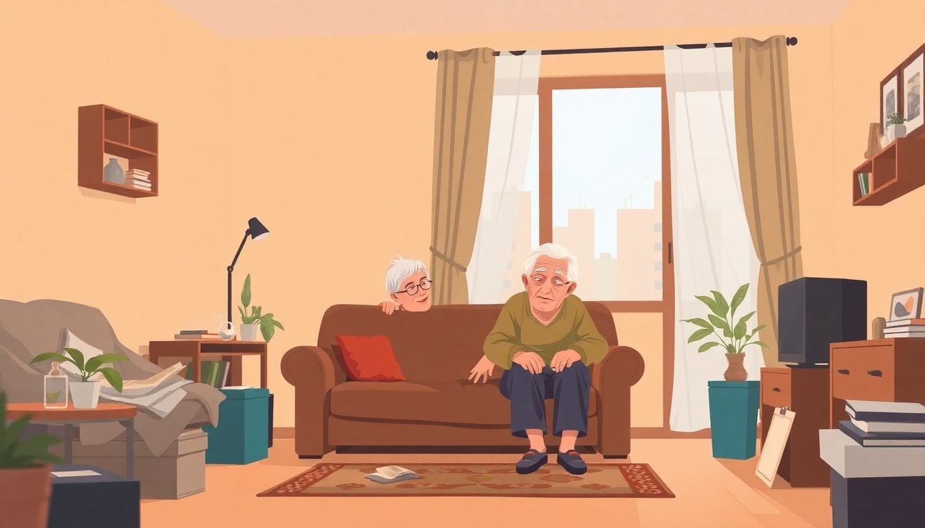 elderly couple at home living room looking distressed, Argentine residential interior, natural light, no text