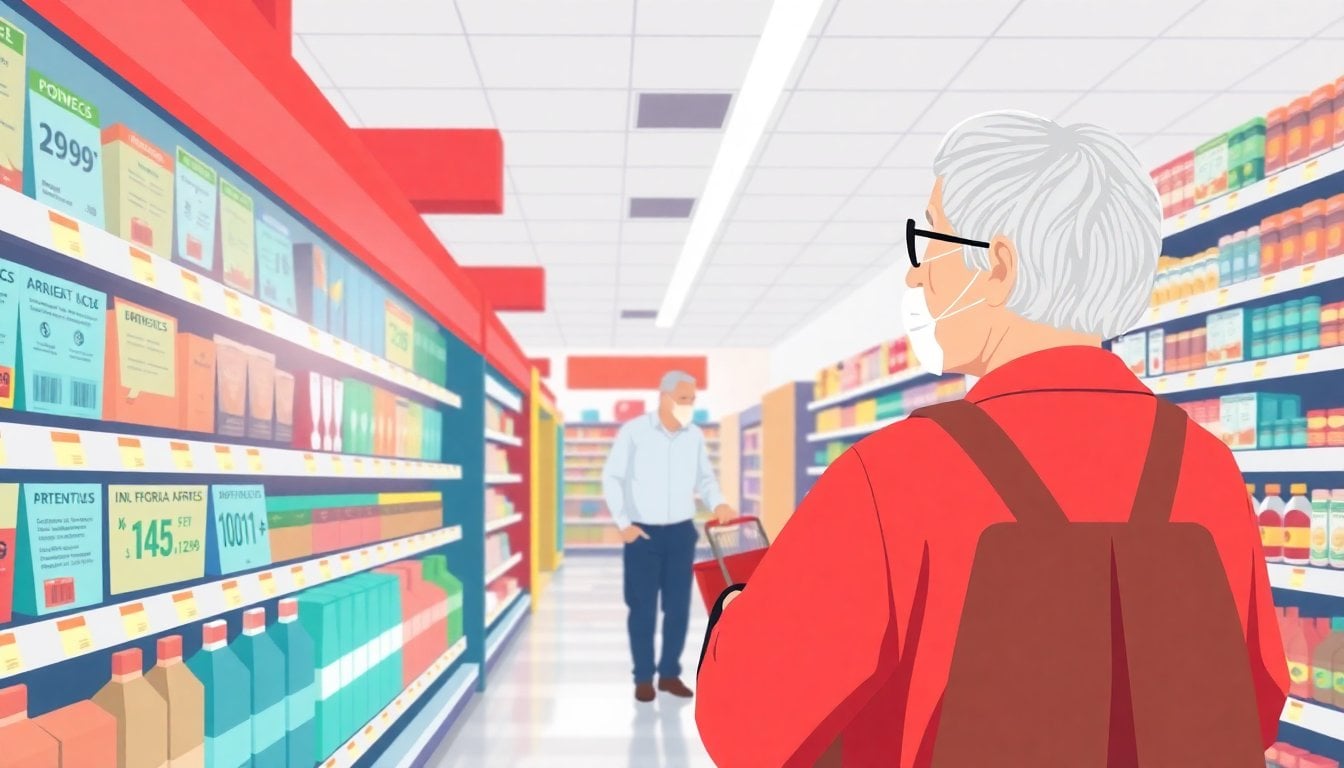 Argentine supermarket aisle with price tags and products on shelves, elderly shopper in background, bright fluorescent lighting