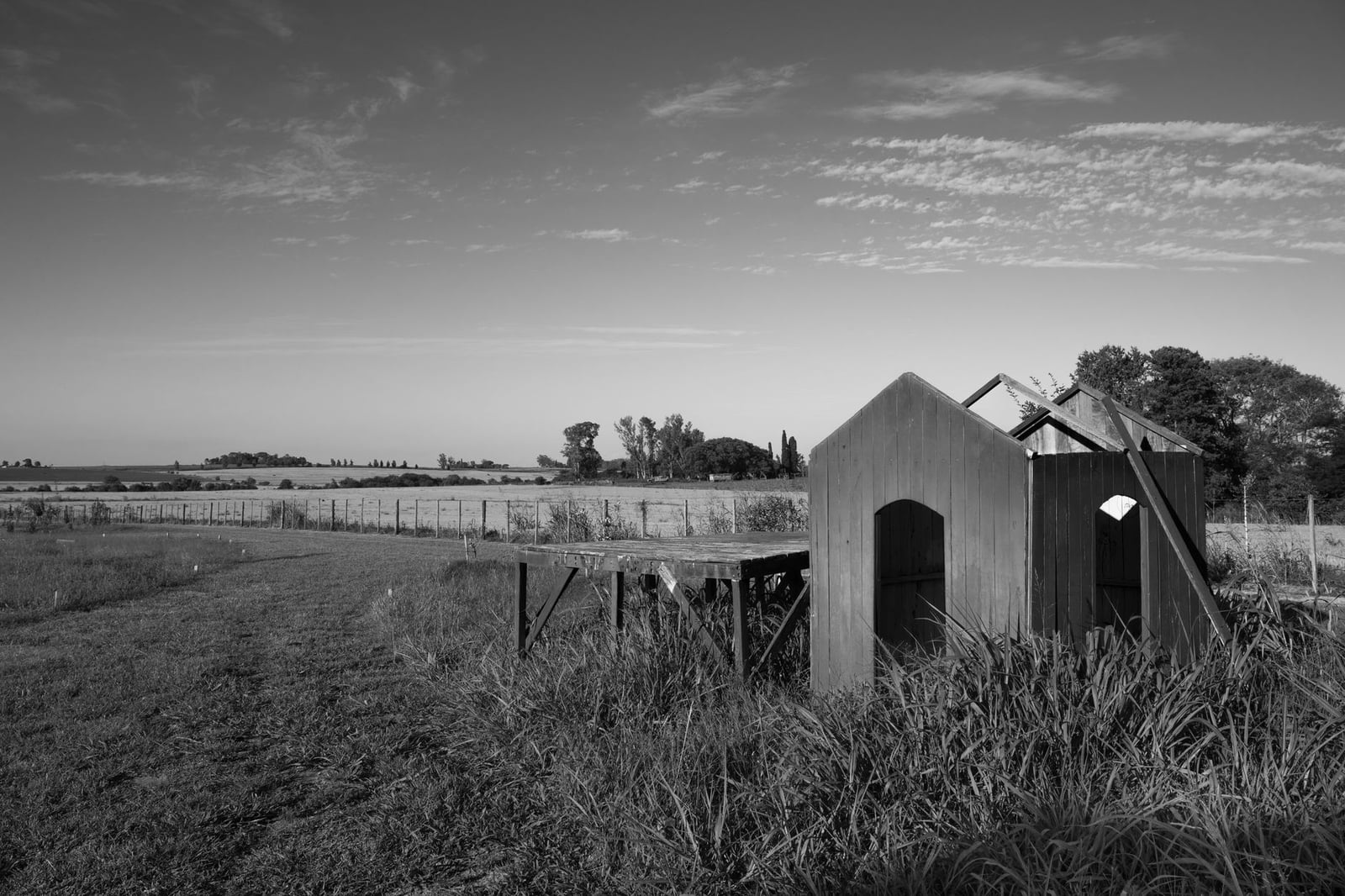 Imagen en blanco y negro de una antigua estructura de madera en un campo rural abierto bajo un cielo despejado.