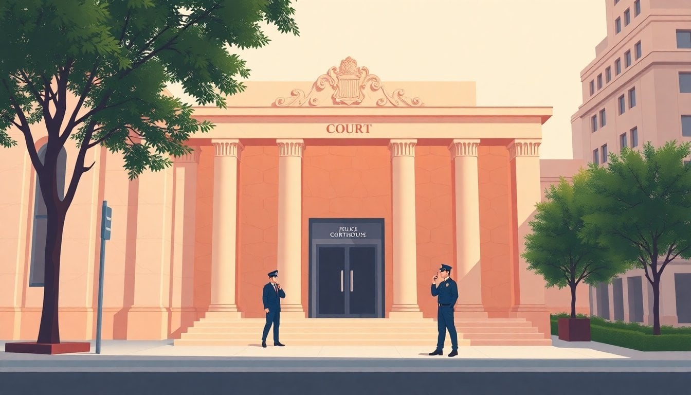 Argentine federal courthouse exterior Buenos Aires, marble facade, security personnel at entrance, midday light