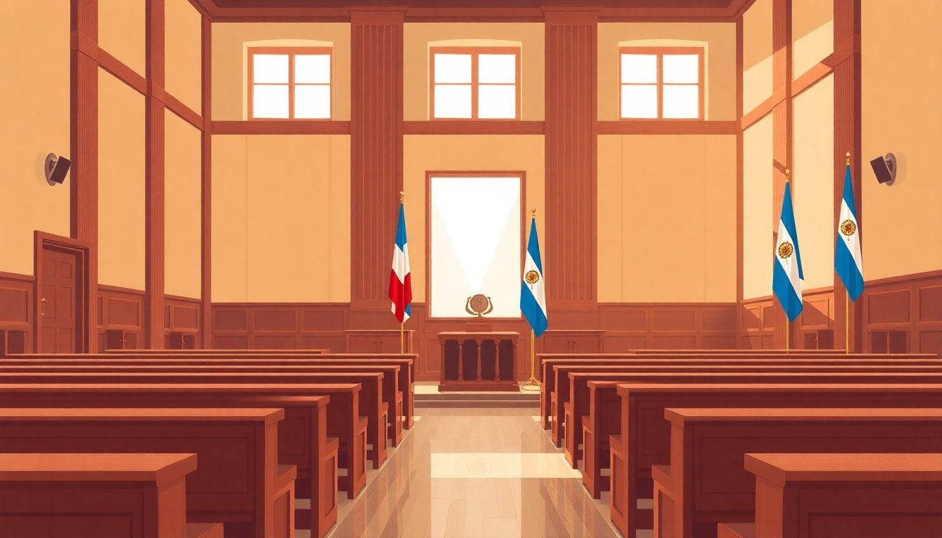 Argentine courtroom interior with wooden benches and judicial flags, formal legal setting, no people, natural light through windows