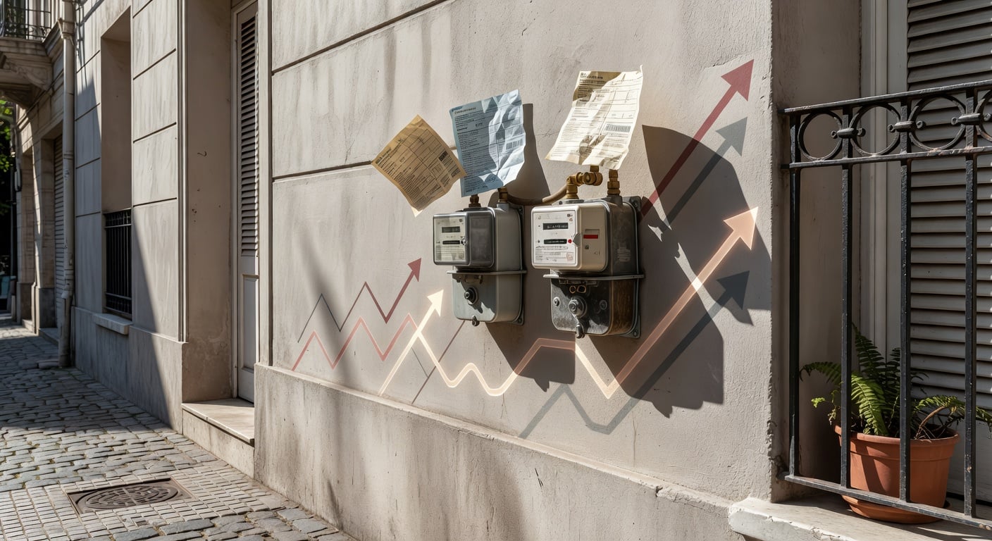 Argentine residential electricity and gas meter on exterior wall, utility bills visible, mid-morning light, no people