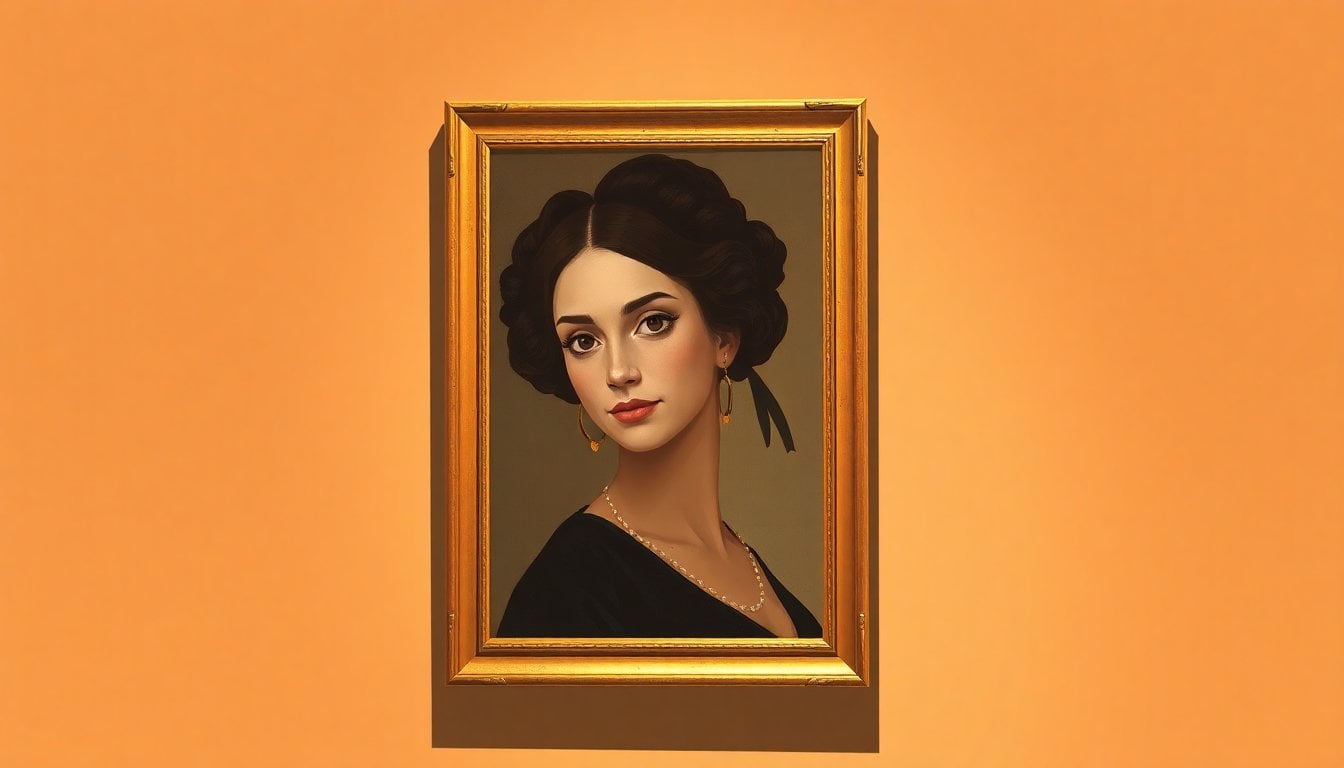 framed oil painting portrait of a lady in a wooden gilt frame, museum lighting, close-up detail showing brushwork and aged varnish, no people