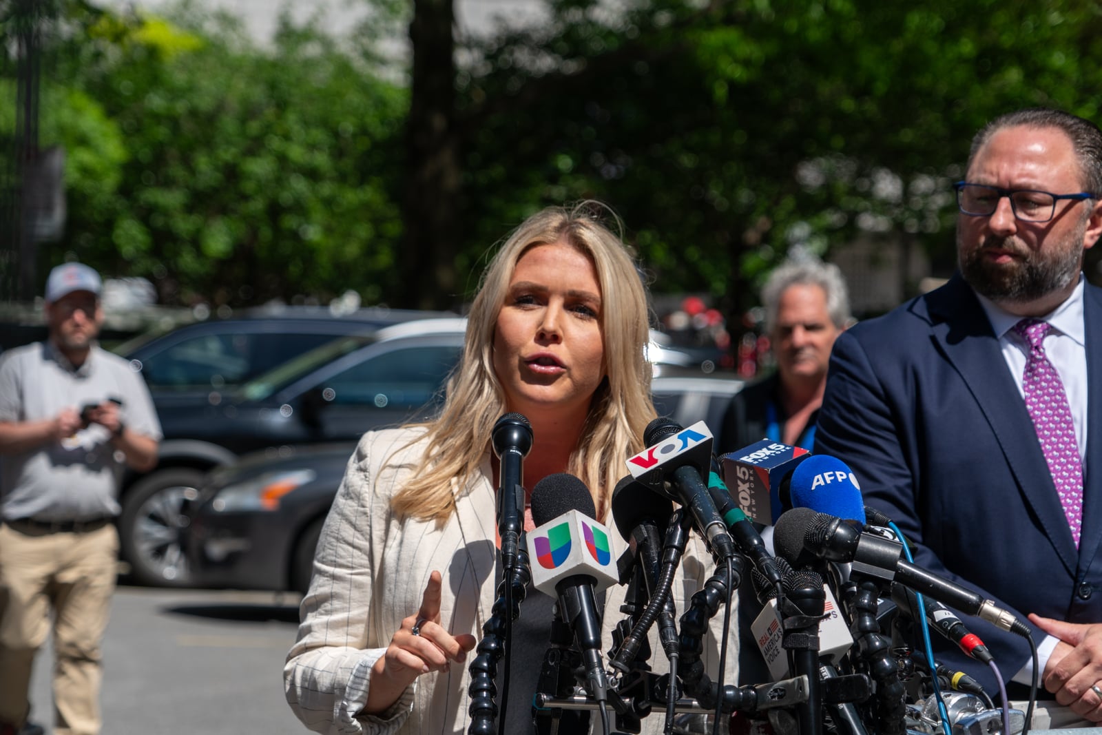 Karoline Leavitt addresses press outside Trump trial in New York