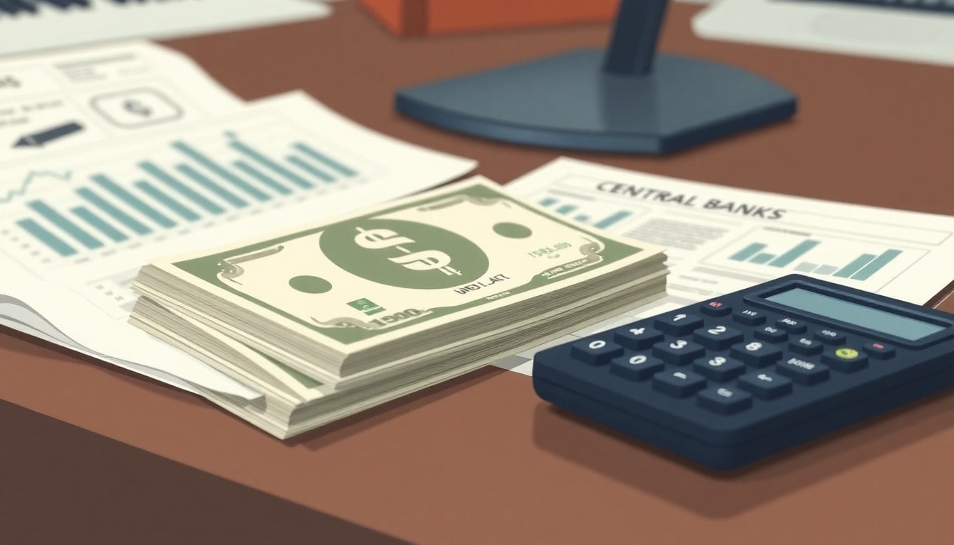 stack of US dollar banknotes beside a central bank-style financial report and a calculator on a desk, close-up, muted office lighting