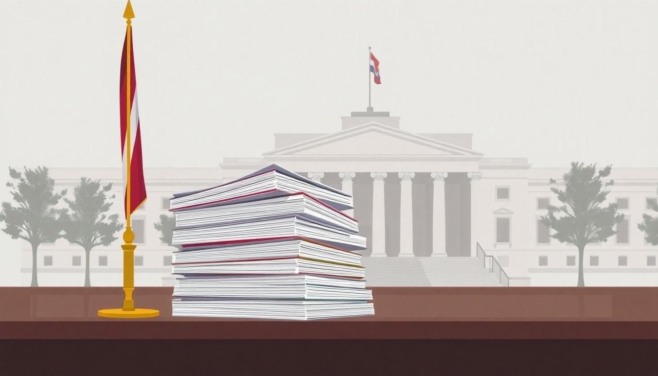 stack of legal case files on a courtroom desk, Argentine federal court building in the background, muted daylight, no people visible