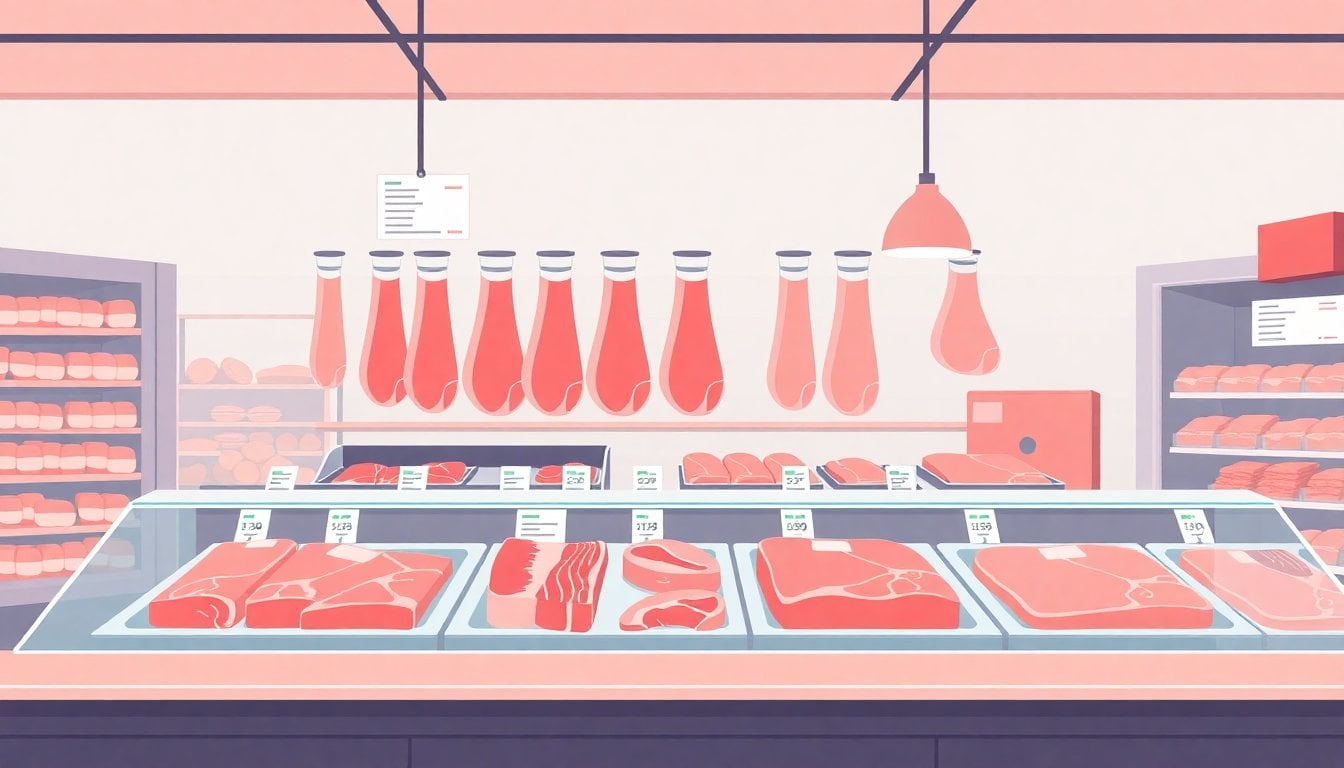 butcher shop meat counter with few beef cuts displayed, price tags visible, Argentine supermarket or carniceria interior, daylight, no people in foreground