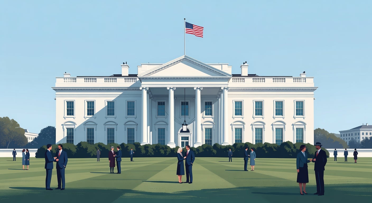 White House exterior facade in Washington DC, daytime, front lawn, American flag visible, clear sky