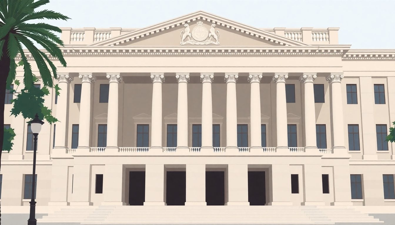 Argentine Supreme Court of Justice building facade in Buenos Aires, neoclassical architecture, marble columns, daytime