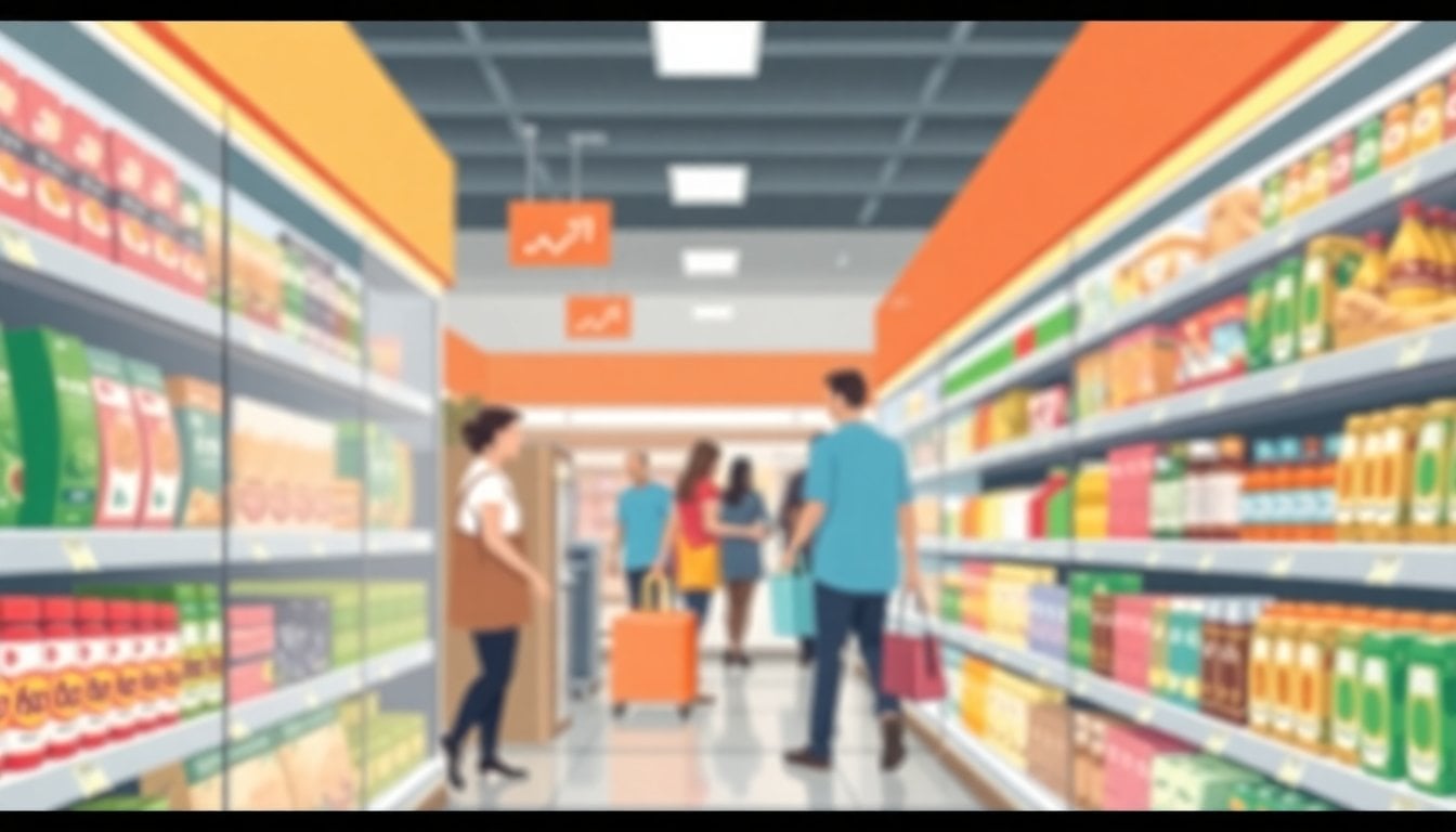 Argentine supermarket aisle with visible price tags, consumer products on shelves, blurred shoppers in background, daylight through store windows