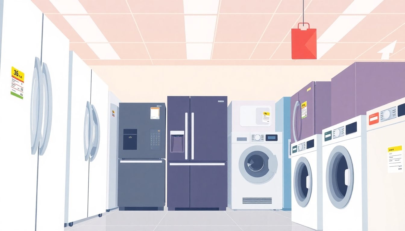 Argentine household appliance store aisle with refrigerators and washing machines, price tags visible, bright indoor lighting, no people in foreground