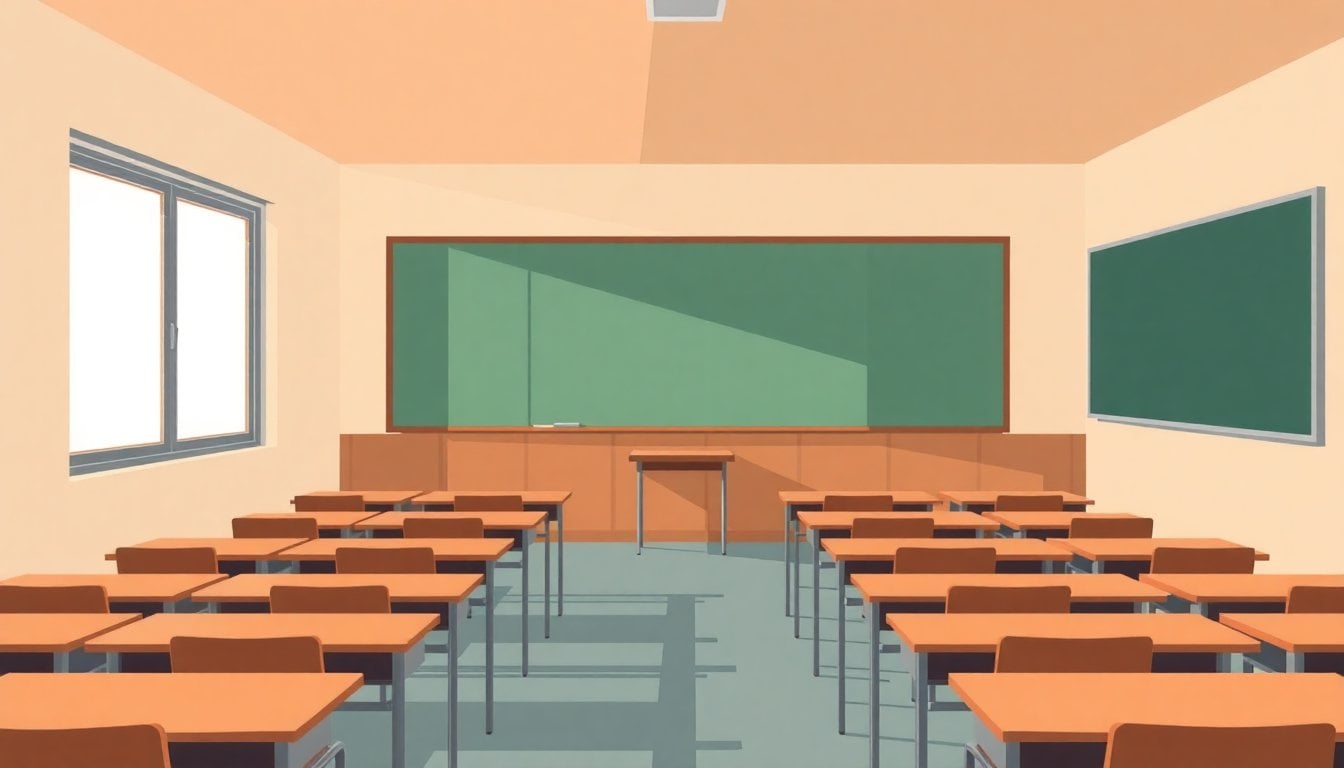 empty classroom in a Buenos Aires public school, chalkboard, rows of desks, daylight through windows, no people visible