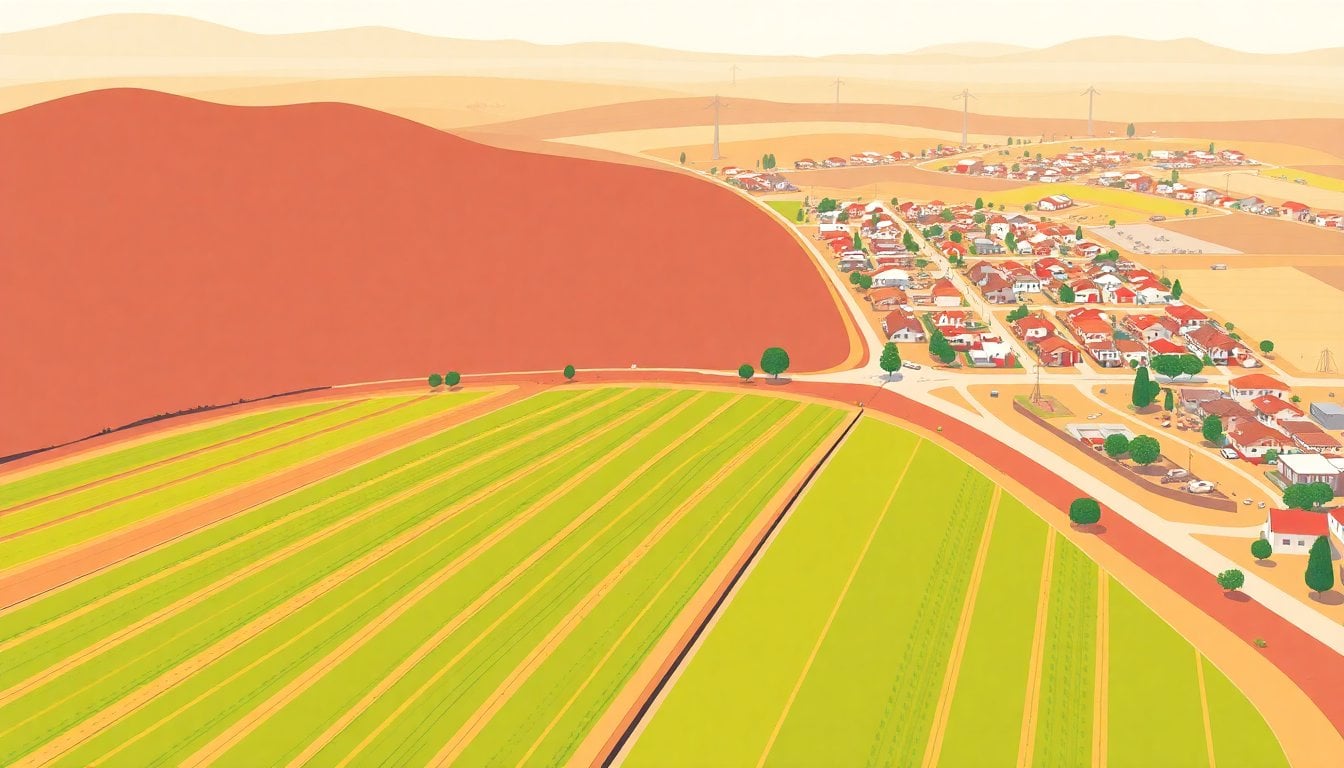 Aerial view of farmland meeting a small Argentine town edge, crop fields ending near houses, irrigation equipment visible, daylight