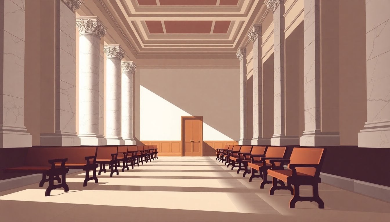 Argentine courthouse hallway with wooden benches and marble columns, interior judicial building, Buenos Aires, natural light