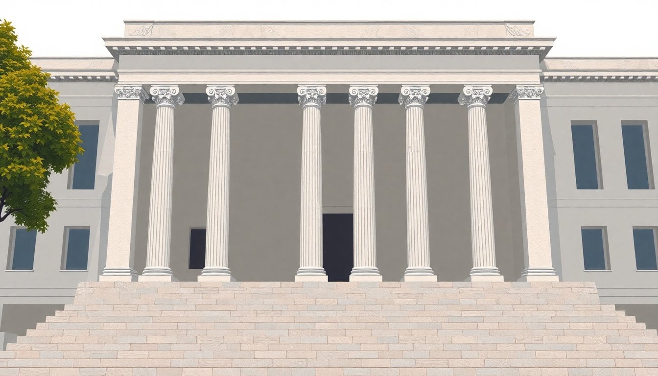 Argentine Supreme Court building facade in Buenos Aires, neoclassical architecture, columns and stone steps, daylight