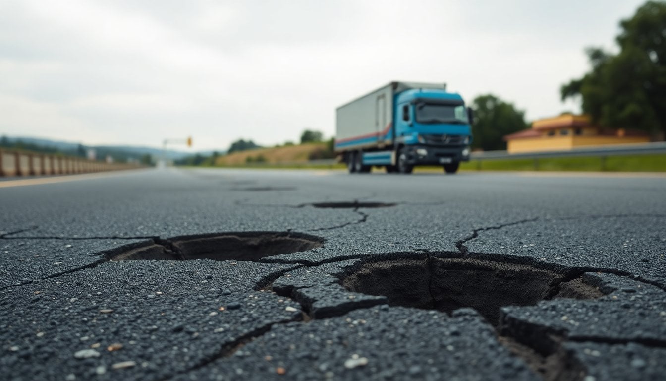 cracked asphalt road surface with large potholes on Argentine national highway, blurred truck in background, overcast sky