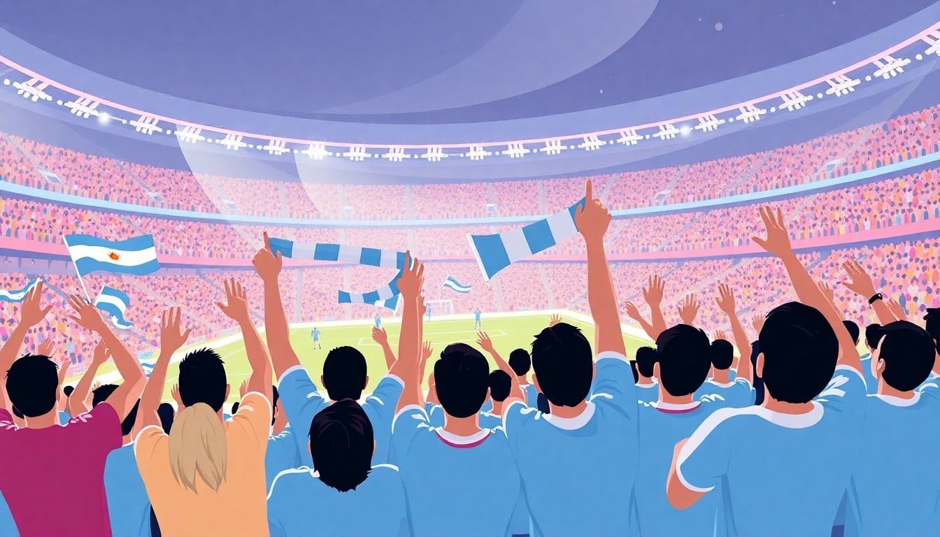 Argentina football fans in stadium singing with scarves raised, World Cup 2026 atmosphere, colorful crowd and flags