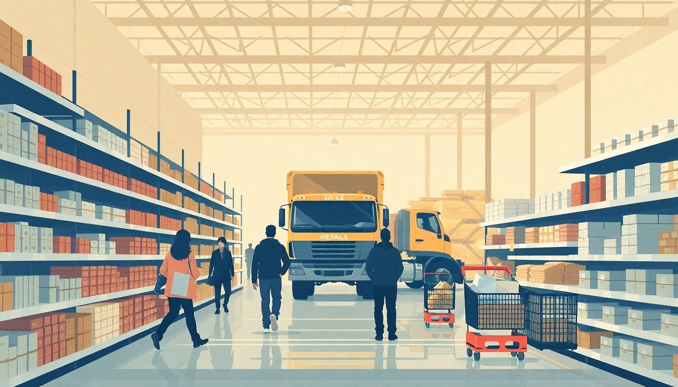 Argentine supermarket aisle with sparse shoppers, industrial warehouse shelves and a mining truck in the background, subdued daylight, realistic news photo