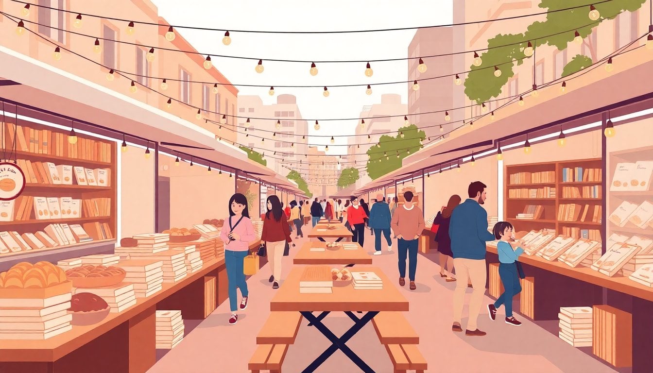 outdoor food fair in Buenos Aires with French pastries, books on display, long tables, string lights, and families walking through stalls, daytime