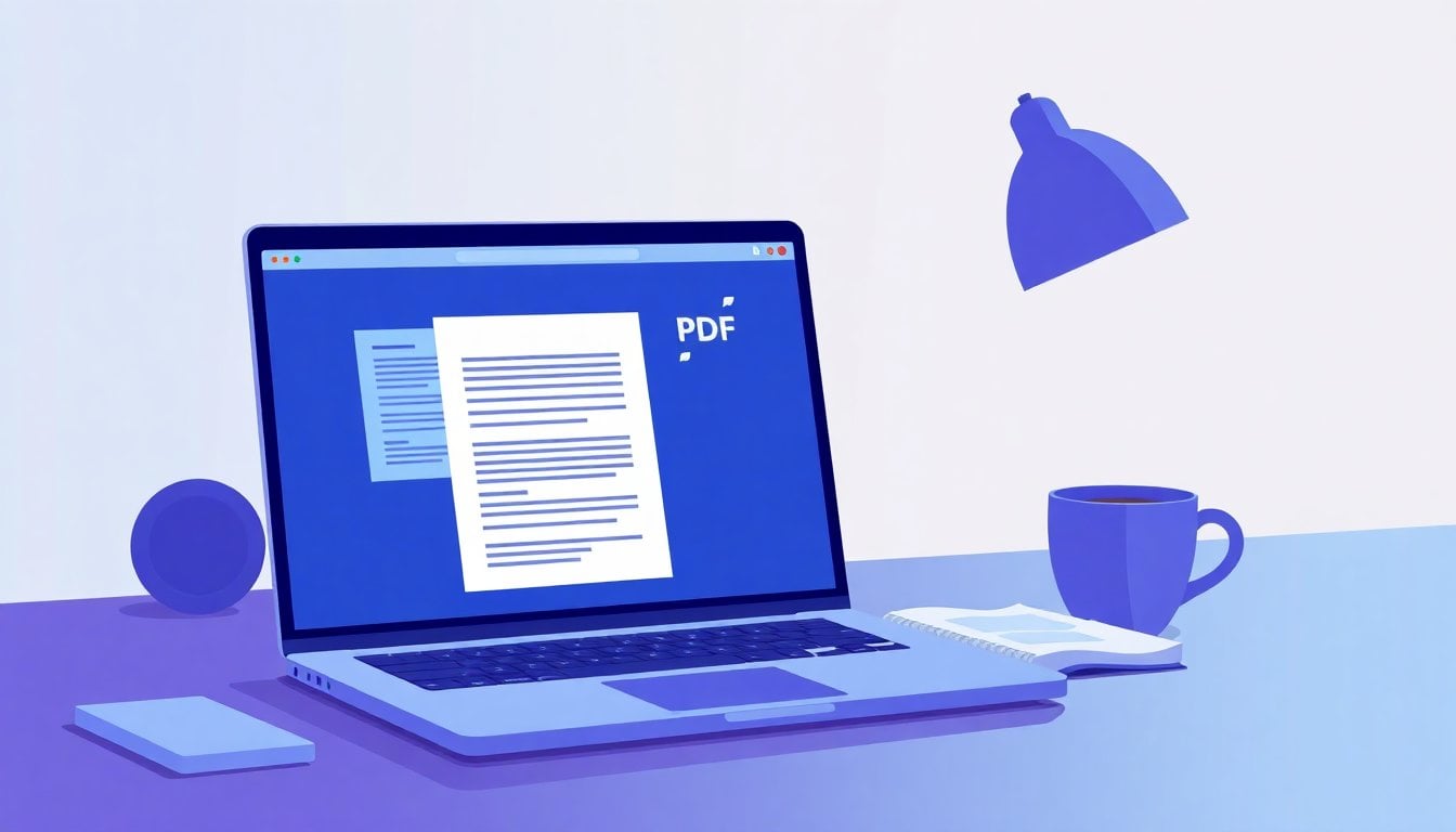 laptop screen showing a long PDF document and an AI chat interface, desk with notebook and coffee, modern home office, close-up