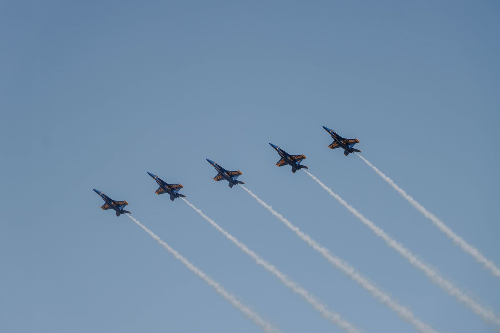 Cinco jets Ángeles Azules en formación aérea con estelas de humo contra un cielo despejado.