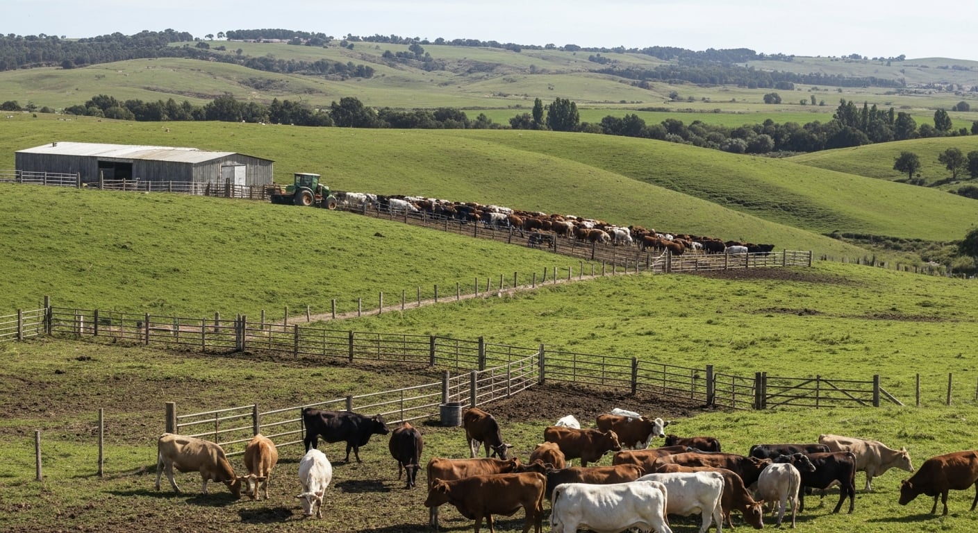 Escena rural en blanco y negro de ganado pastando en Córdoba, Argentina.