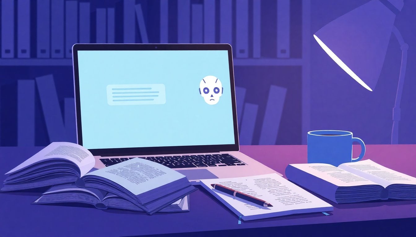 student desk with laptop showing an AI chatbot, open books scattered beside it, notebook and coffee cup, dim library lighting, close-up