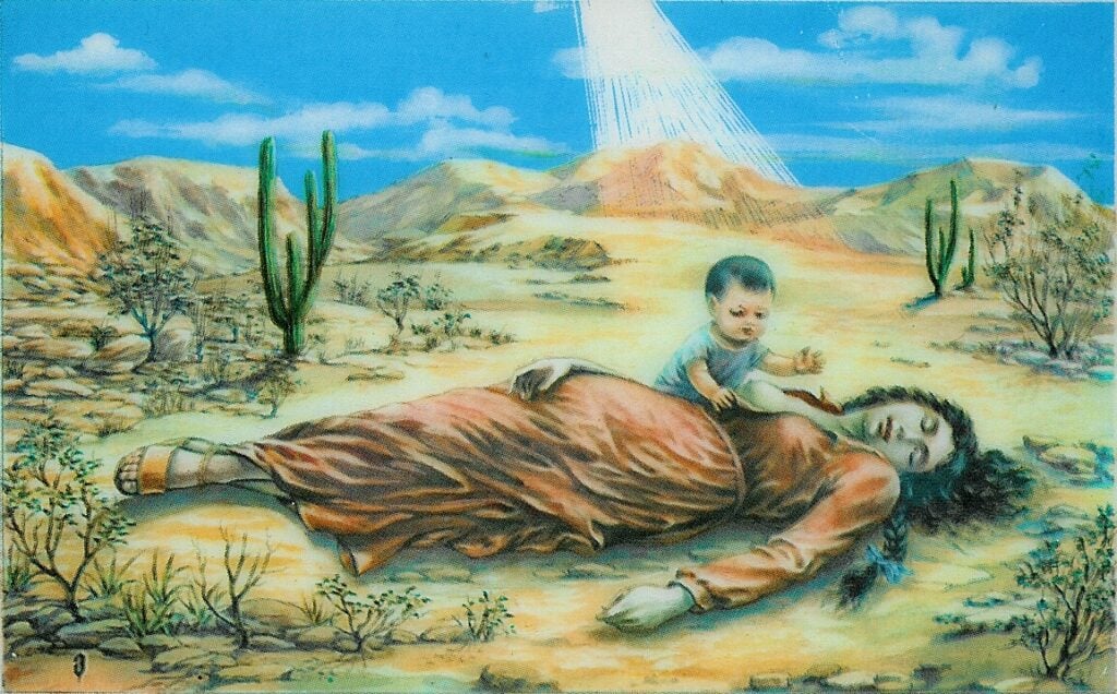 Typical representation of the Difunta Correa widely reproduced in prayer cards.