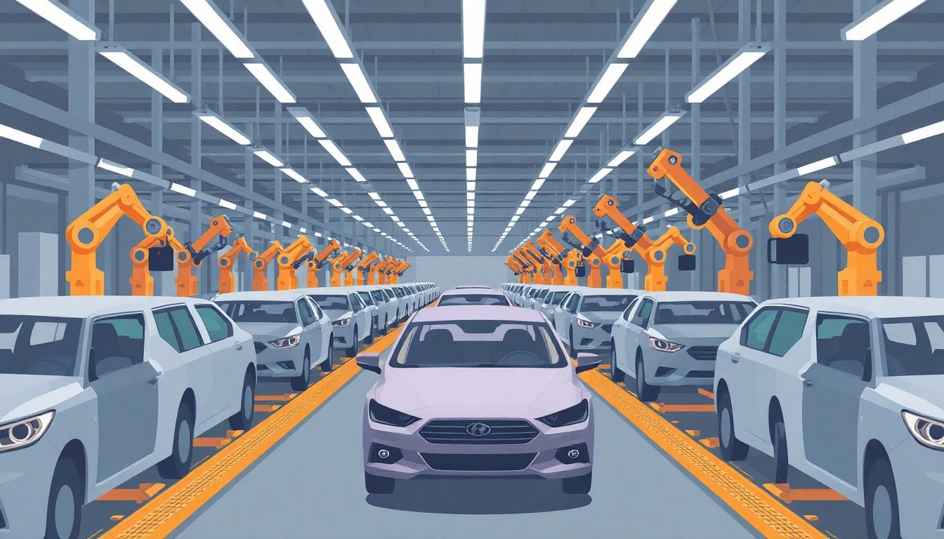 car assembly line inside an Argentine automotive plant, rows of unfinished vehicles under bright factory lights, robotic arms and conveyor belts, no people visible