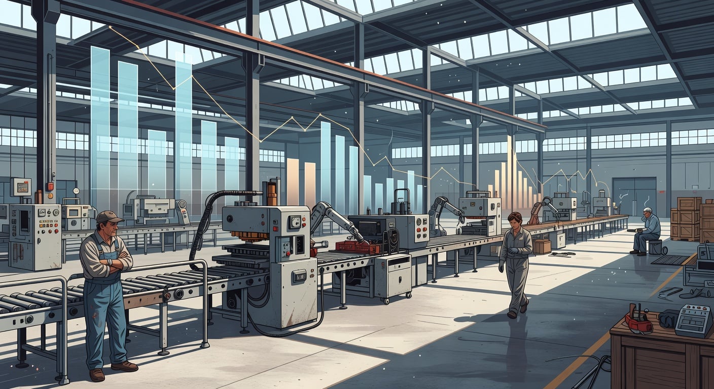 Argentine industrial factory floor with machinery and assembly line, empty or minimal workers, natural light from skylights, wide angle