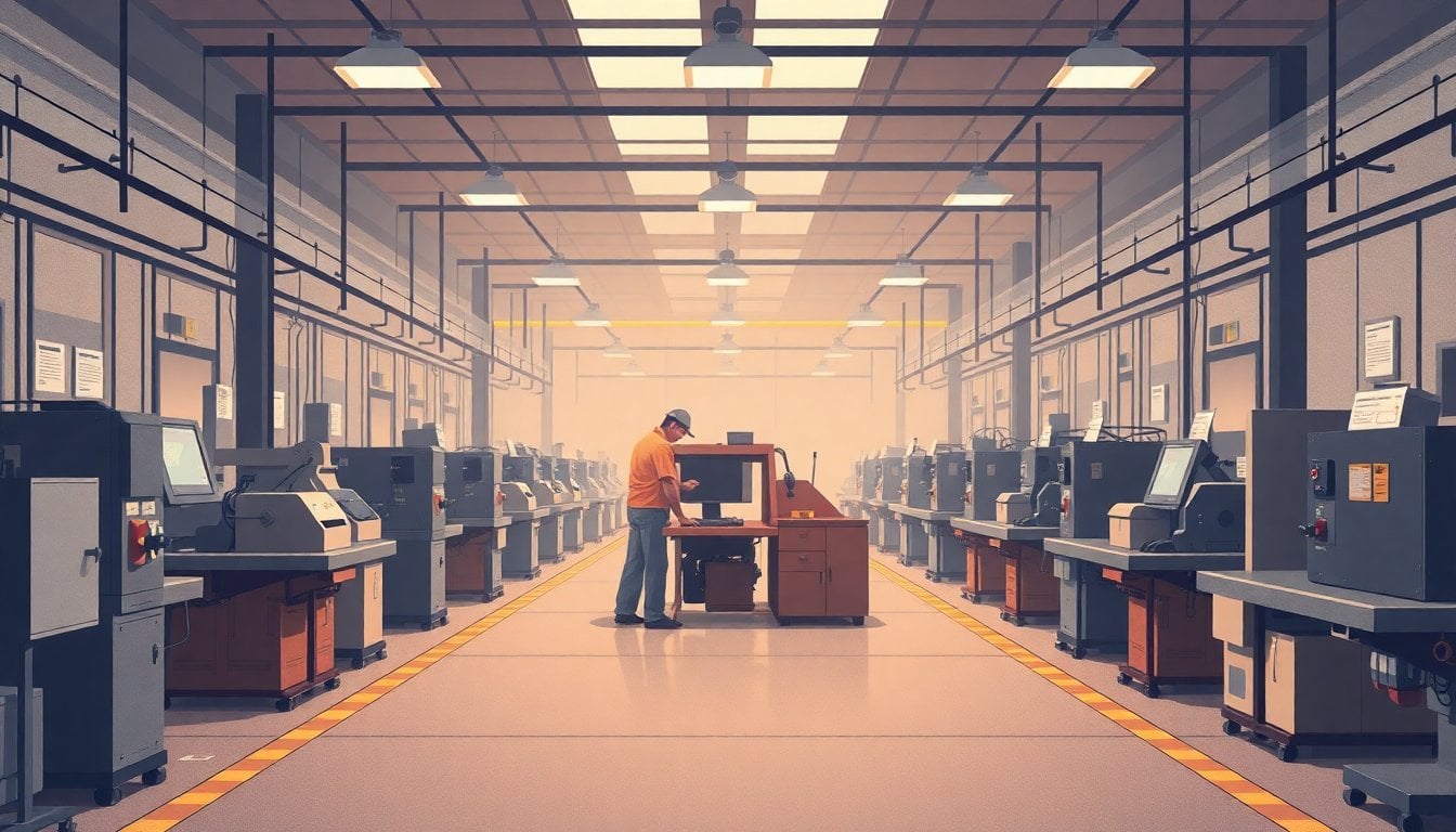 Argentine industrial factory interior with idle machinery and empty workstations, dim lighting, no workers visible