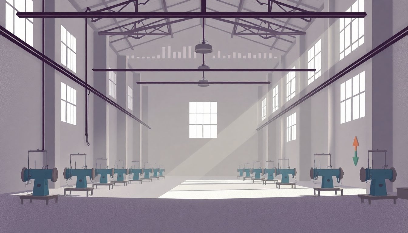 closed textile factory in Argentina, empty industrial hall with silent sewing machines, dim natural light through dusty windows