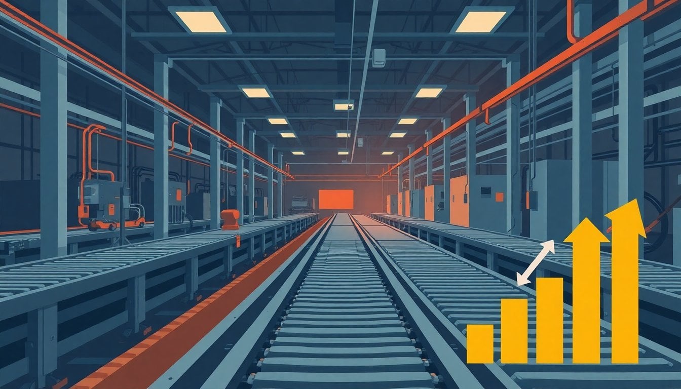 interior of an Argentine factory with idle conveyor belts, metal machinery, dim industrial lighting, no people visible