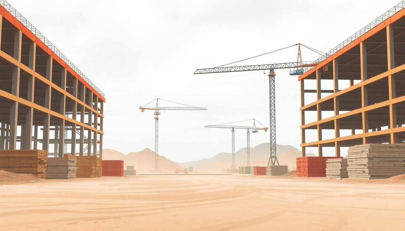 empty industrial construction site with cranes and unfinished structures in Argentina, dust, stacked materials, overcast daylight, no people visible