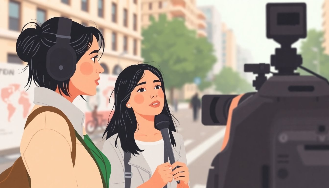 young Argentine woman being interviewed on street by TV crew, microphone, urban background, daytime