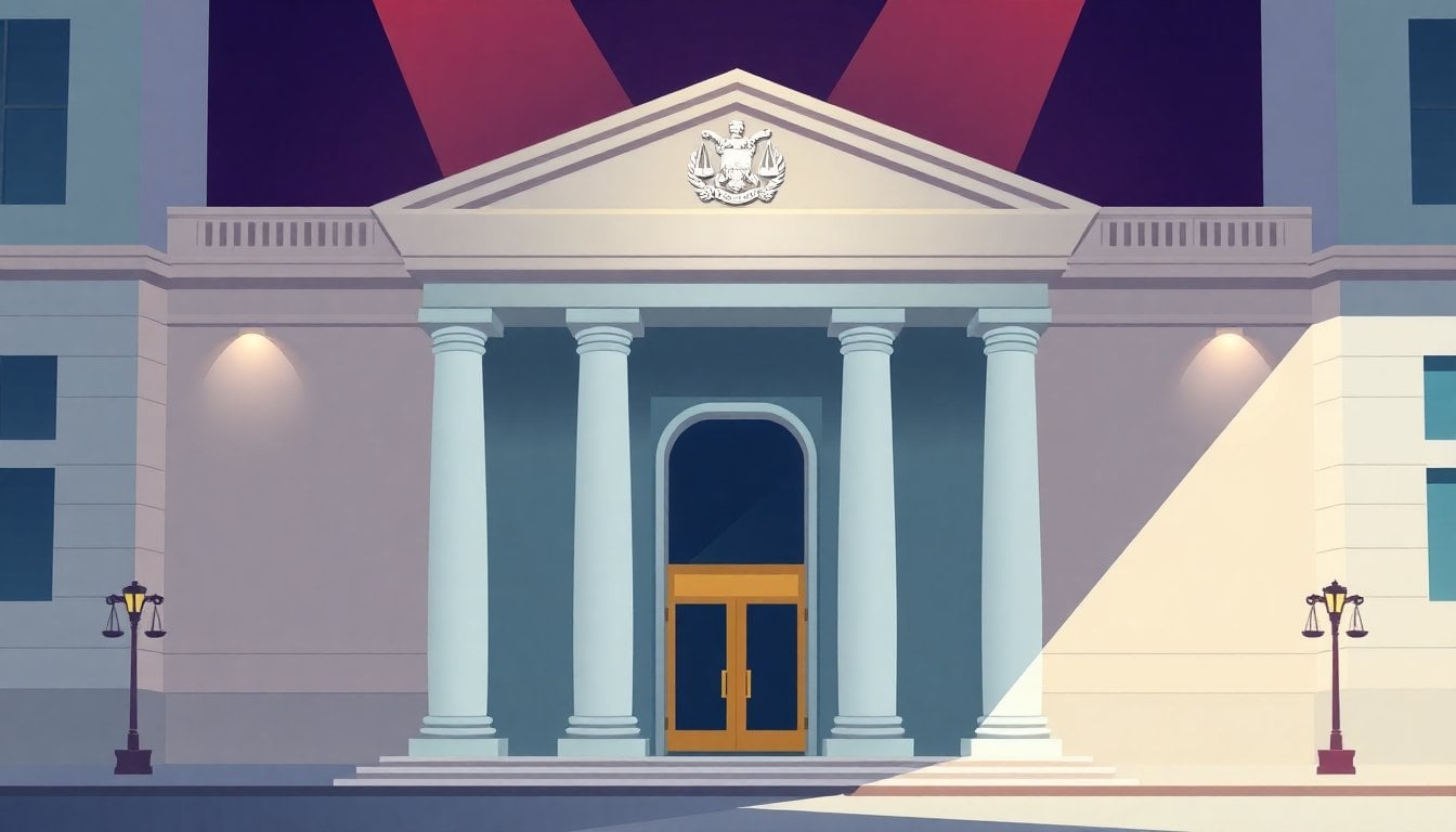 Argentine court building entrance, justice symbol, Buenos Aires architecture, daytime