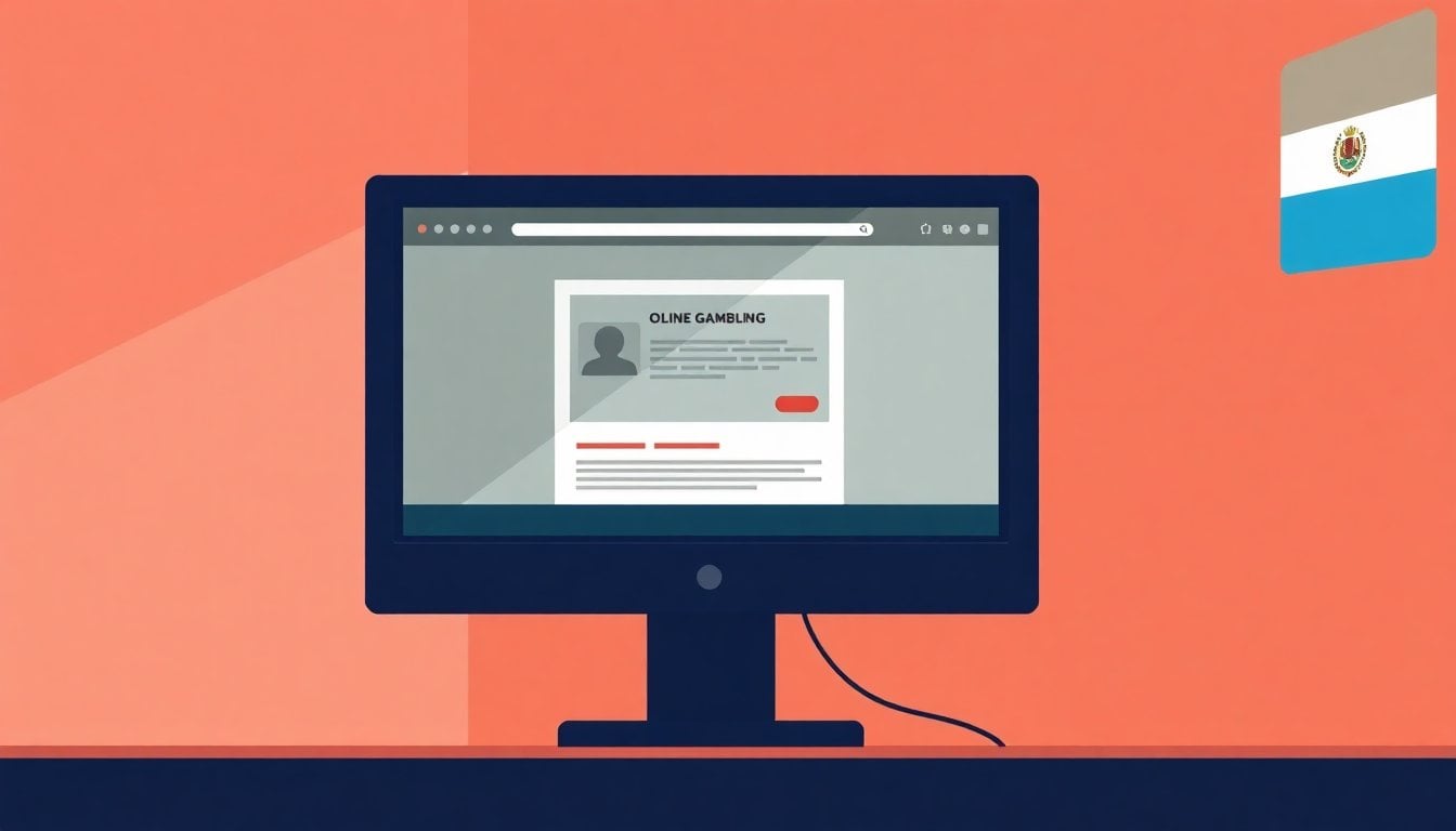 computer screen displaying online gambling website with warning overlay, Argentine flag reflection, dark room, close-up monitor