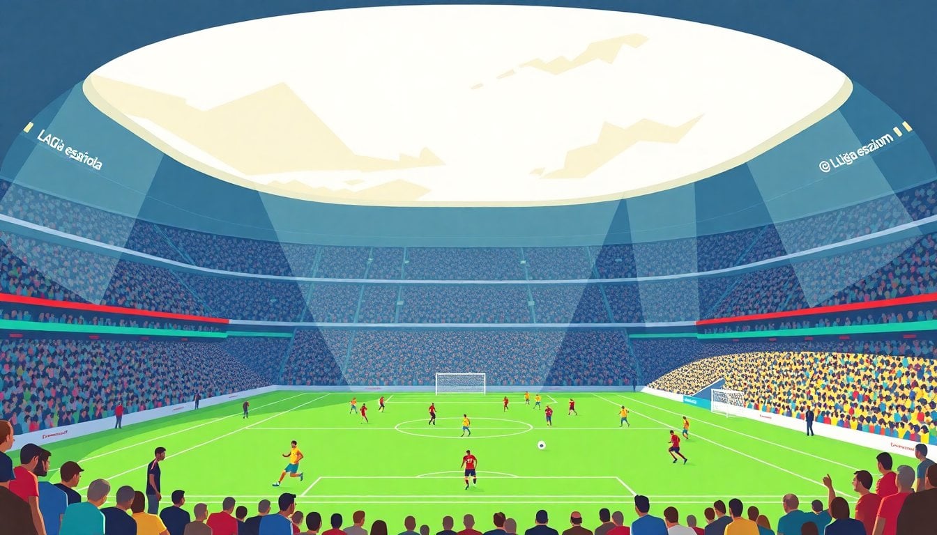 La Liga española football match in a Spanish stadium, green pitch with players in colorful kits, packed crowd in the stands, afternoon light
